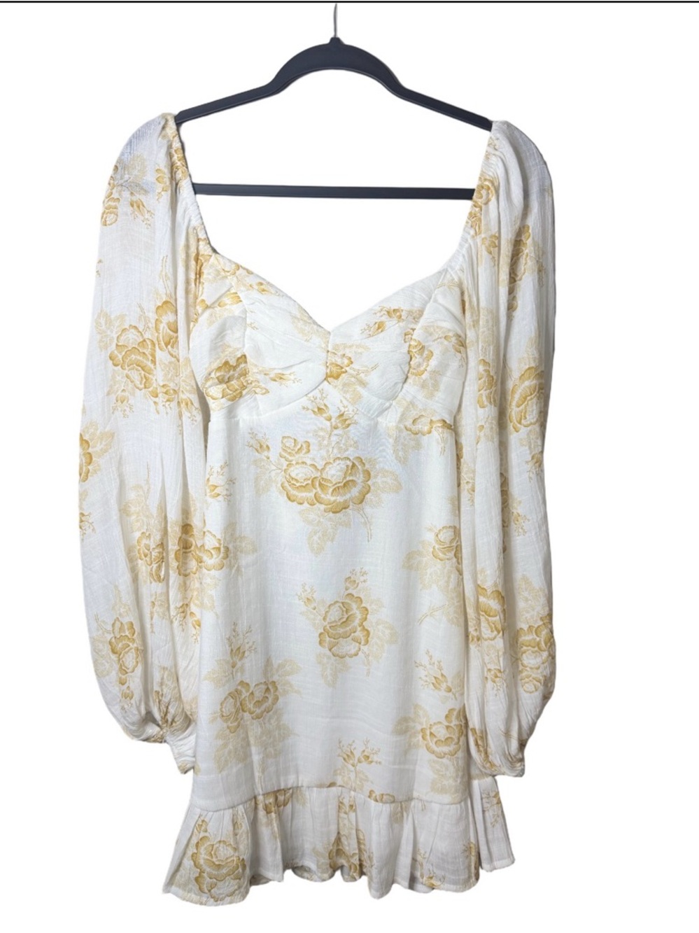 Saints + Secrets | Women's White and Gold Floral Long Sleeve Mini Dress Small